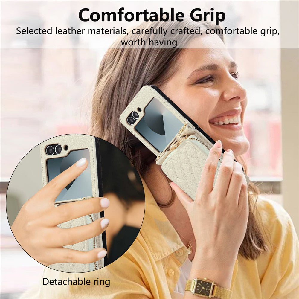 For Samsung Galaxy Z Flip6 5G Case Zipper Card Holder PU Leather Phone Back Cover with Shoulder Strap
