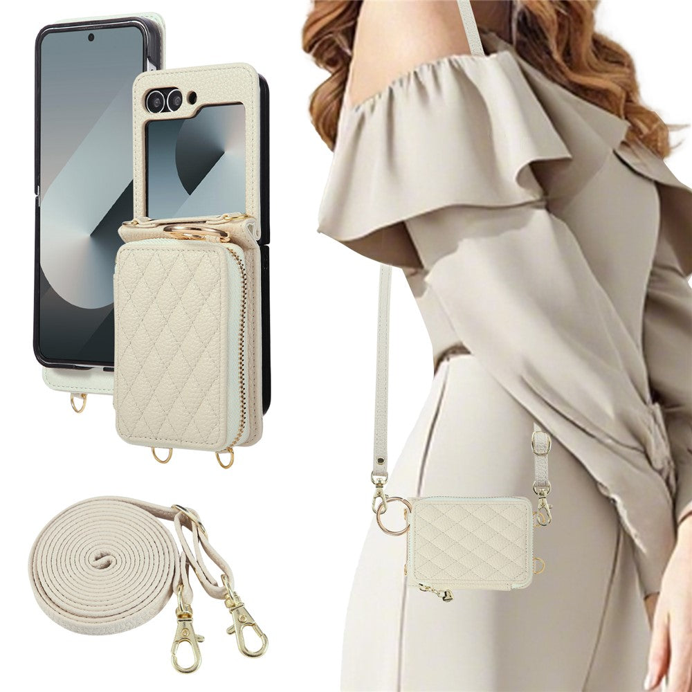 For Samsung Galaxy Z Flip6 5G Case Zipper Card Holder PU Leather Phone Back Cover with Shoulder Strap