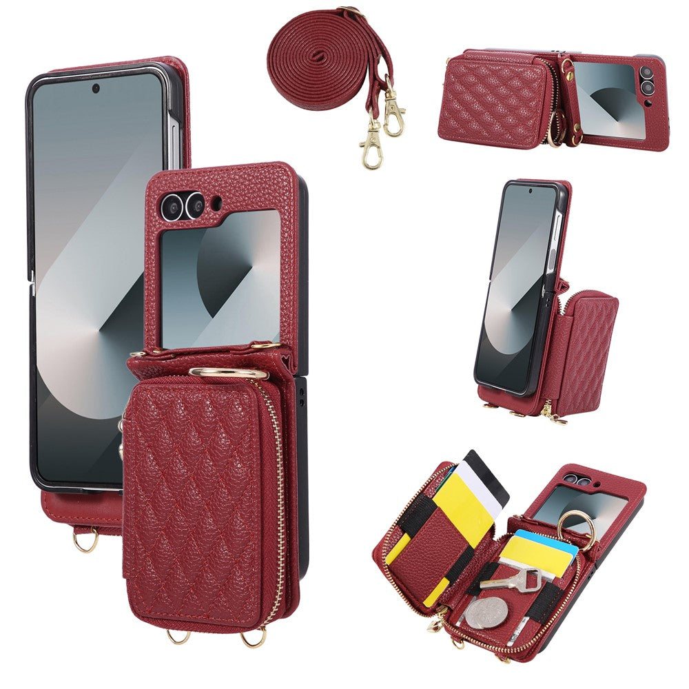 For Samsung Galaxy Z Flip6 5G Case Zipper Card Holder PU Leather Phone Back Cover with Shoulder Strap