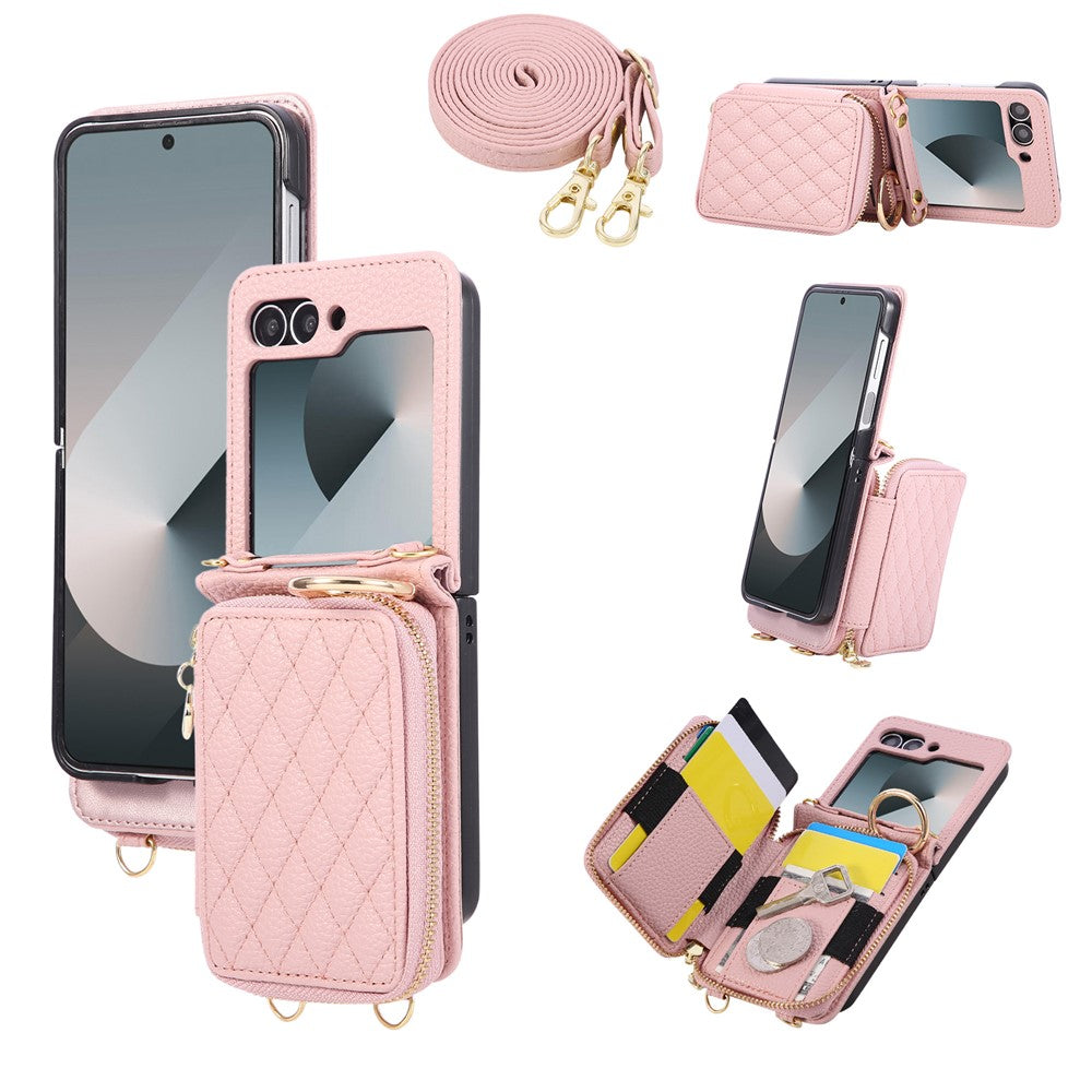 For Samsung Galaxy Z Flip6 5G Case Zipper Card Holder PU Leather Phone Back Cover with Shoulder Strap