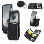 For Samsung Galaxy Z Flip6 5G Case Zipper Card Holder PU Leather Phone Back Cover with Shoulder Strap