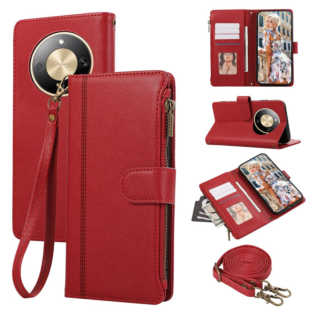 Phone Case For Honor Magic8 Lite 5G  /  X9d 5G  /  X70 5G Multi Card Slots Zipper Leather Phone Cover with Shoulder Strap  /  Wrist Strap