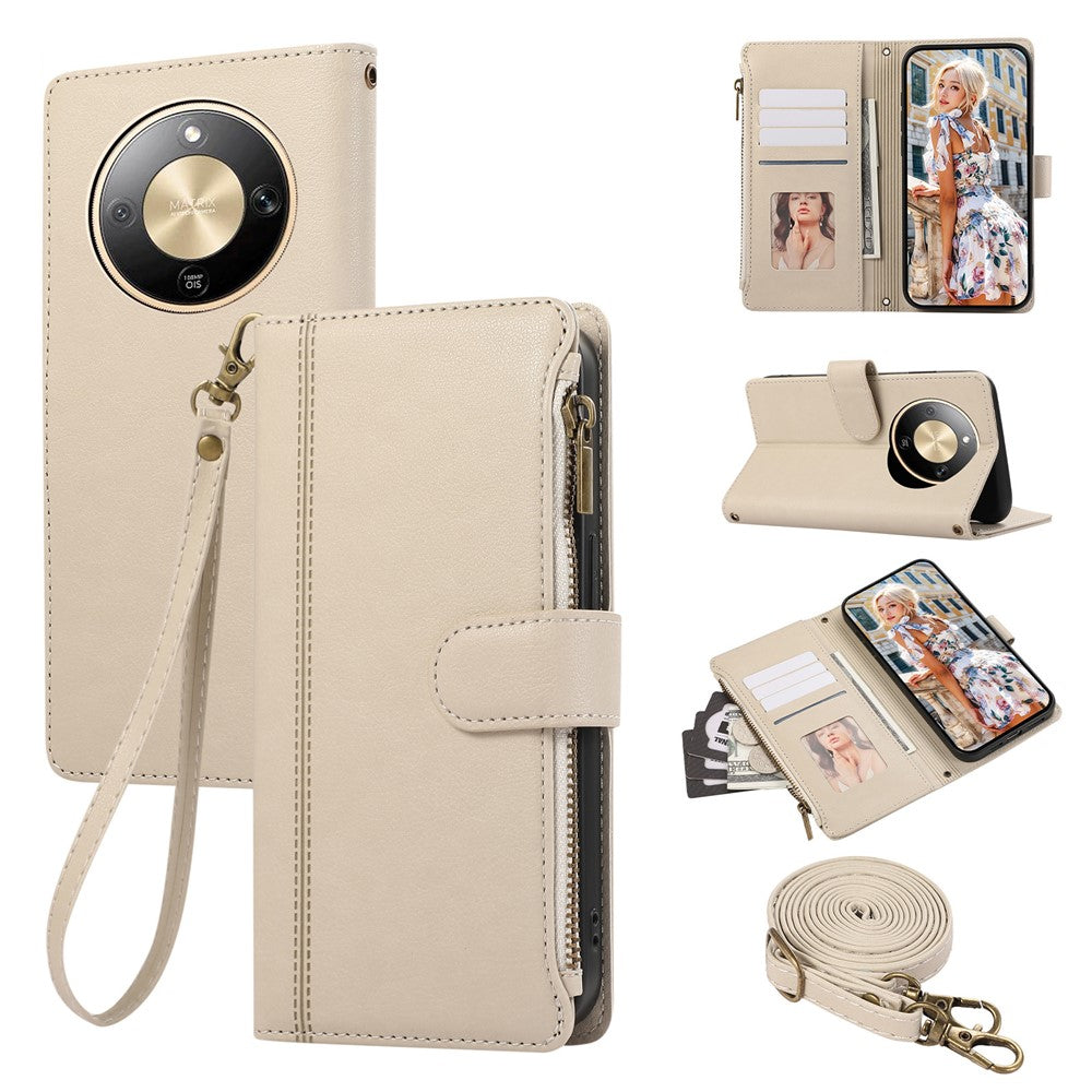 Phone Case For Honor Magic8 Lite 5G  /  X9d 5G  /  X70 5G Multi Card Slots Zipper Leather Phone Cover with Shoulder Strap  /  Wrist Strap