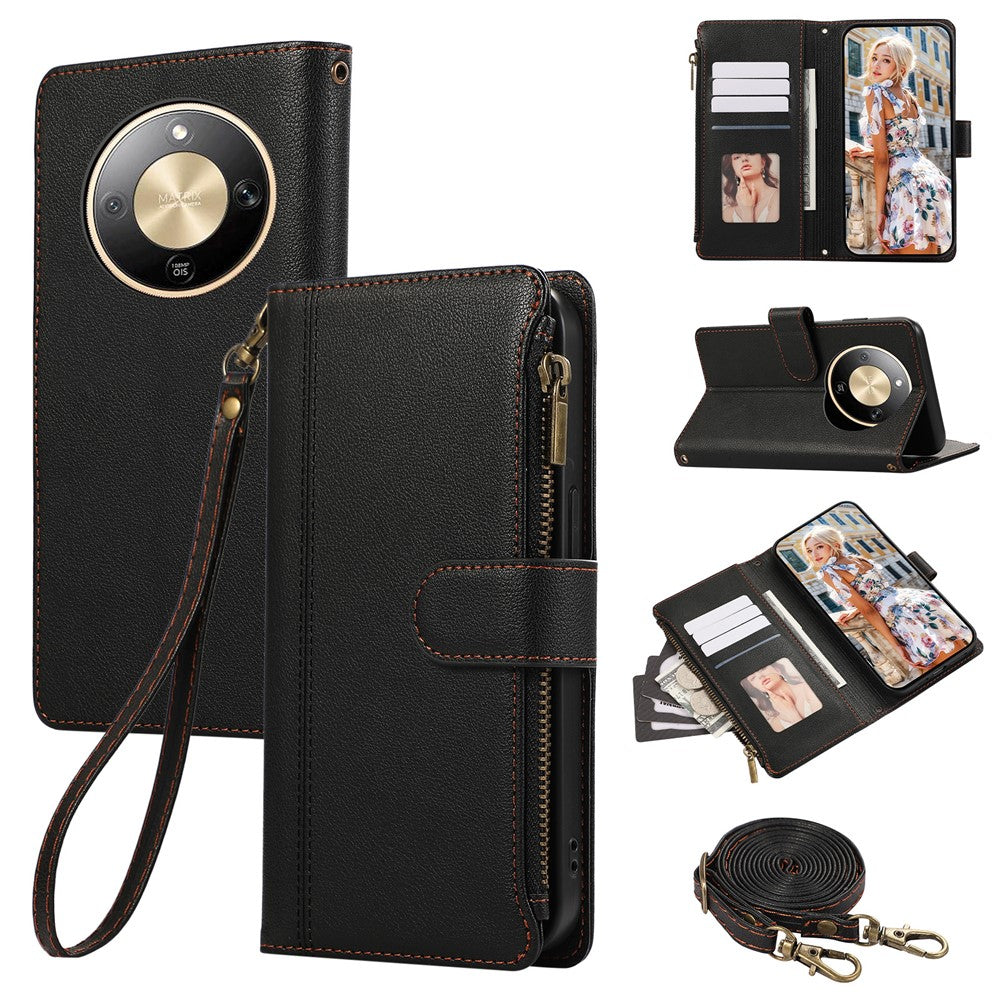 Phone Case For Honor Magic8 Lite 5G  /  X9d 5G  /  X70 5G Multi Card Slots Zipper Leather Phone Cover with Shoulder Strap  /  Wrist Strap