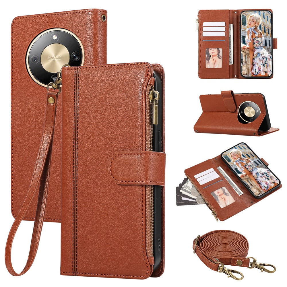 Phone Case For Honor Magic8 Lite 5G  /  X9d 5G  /  X70 5G Multi Card Slots Zipper Leather Phone Cover with Shoulder Strap  /  Wrist Strap