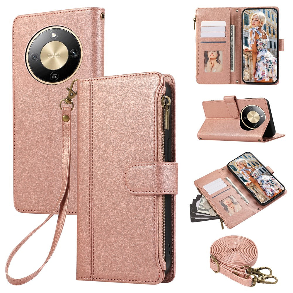 Phone Case For Honor Magic8 Lite 5G  /  X9d 5G  /  X70 5G Multi Card Slots Zipper Leather Phone Cover with Shoulder Strap  /  Wrist Strap