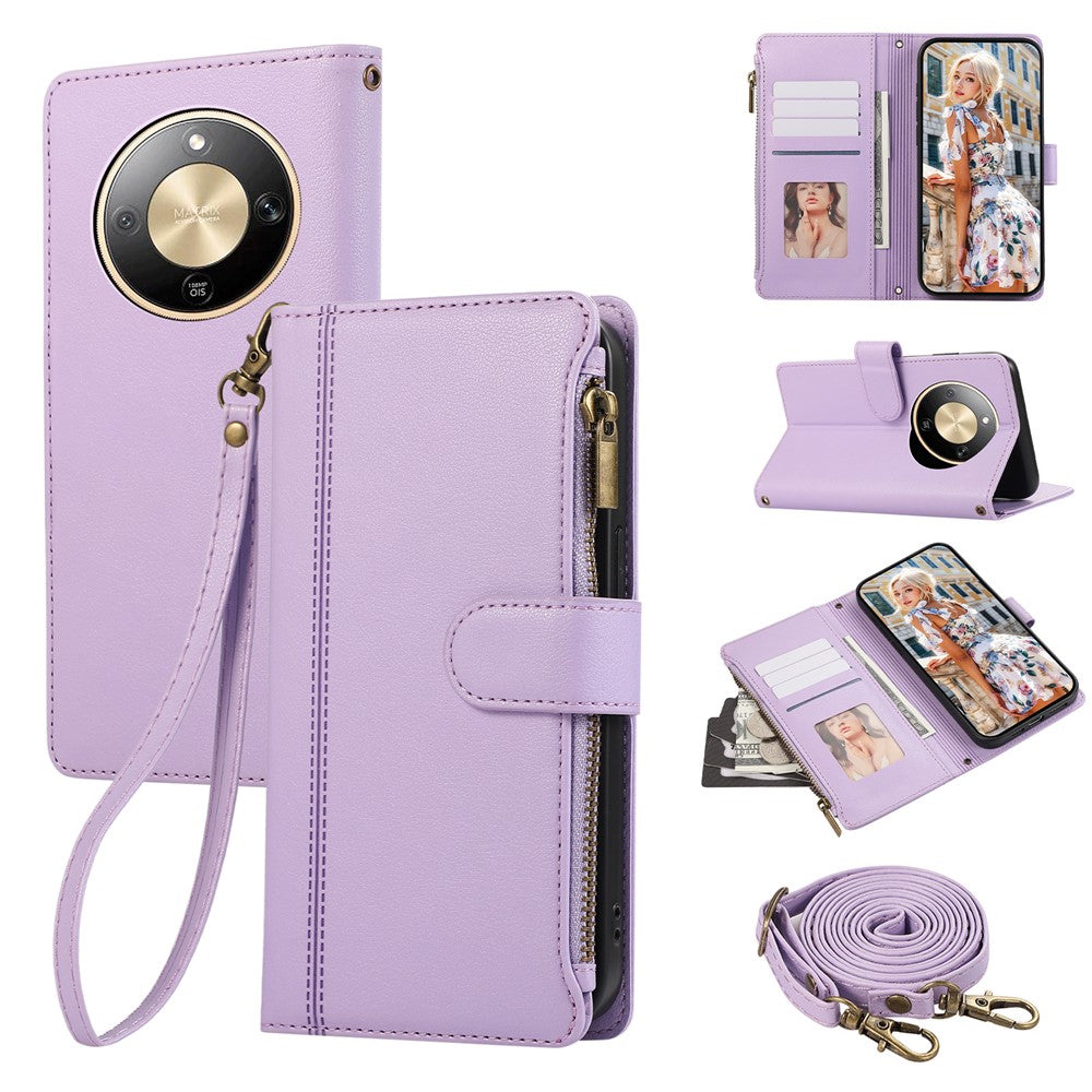 Phone Case For Honor Magic8 Lite 5G  /  X9d 5G  /  X70 5G Multi Card Slots Zipper Leather Phone Cover with Shoulder Strap  /  Wrist Strap
