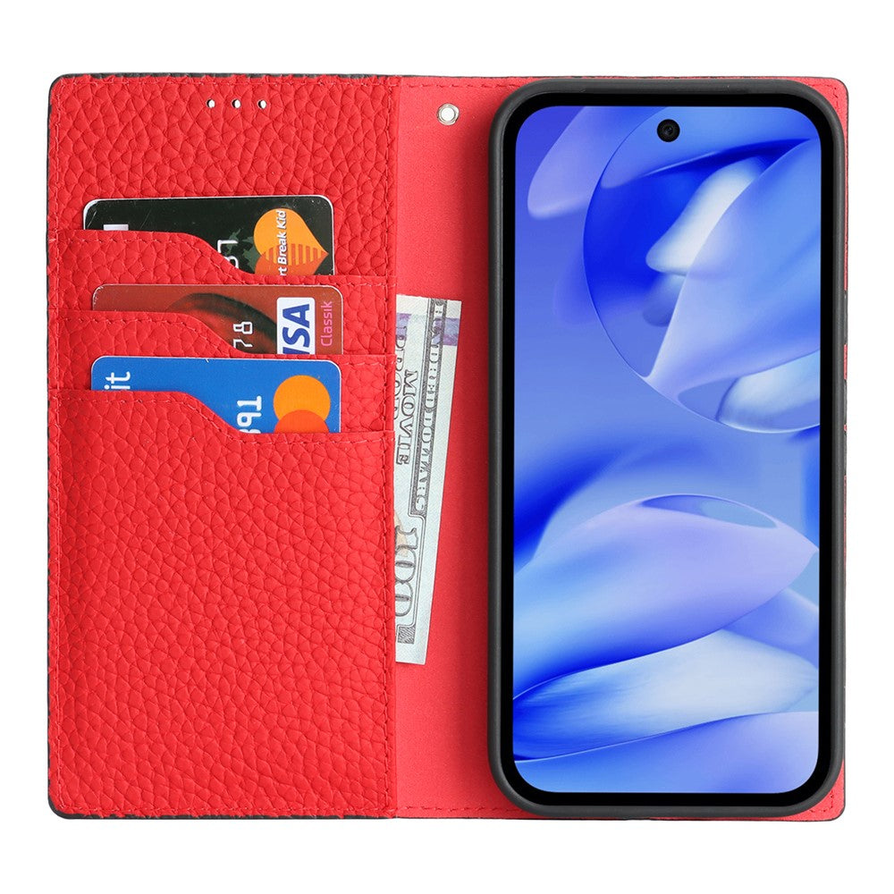 For Google Pixel 10a Wallet Case Genuine Cow Leather Phone Cover Litchi Texture