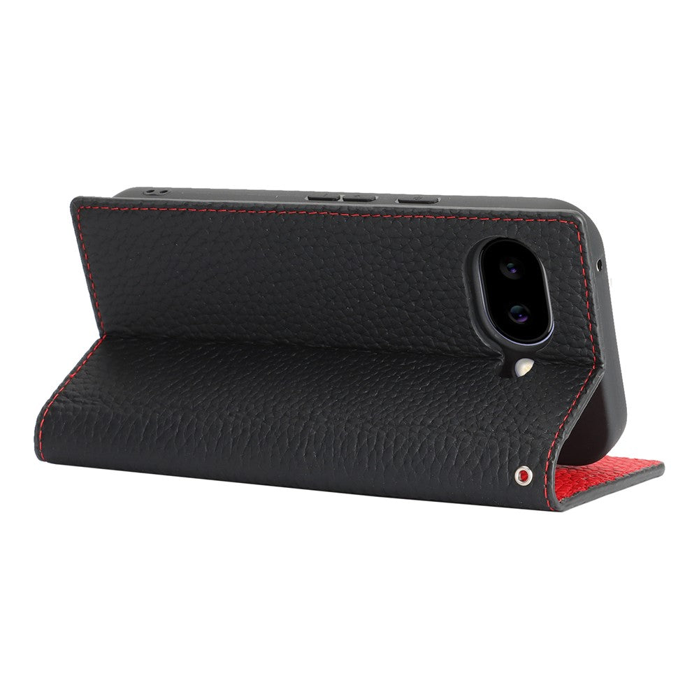 For Google Pixel 10a Wallet Case Genuine Cow Leather Phone Cover Litchi Texture