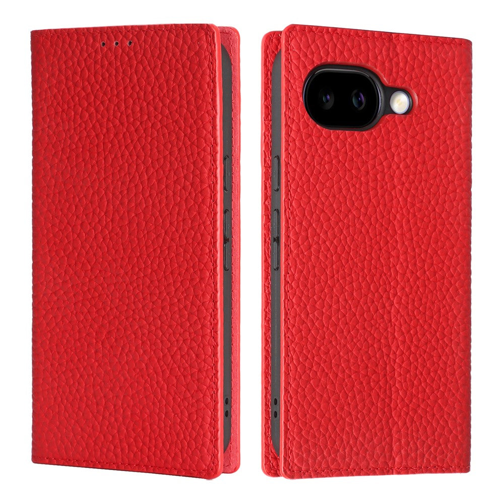 For Google Pixel 10a Wallet Case Genuine Cow Leather Phone Cover Litchi Texture