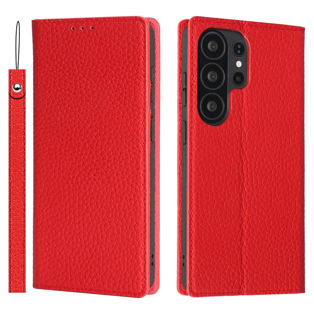 For Samsung Galaxy S26 Ultra Wallet Case Genuine Cow Leather Phone Cover Litchi Texture