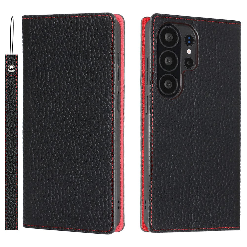 For Samsung Galaxy S26 Ultra Wallet Case Genuine Cow Leather Phone Cover Litchi Texture