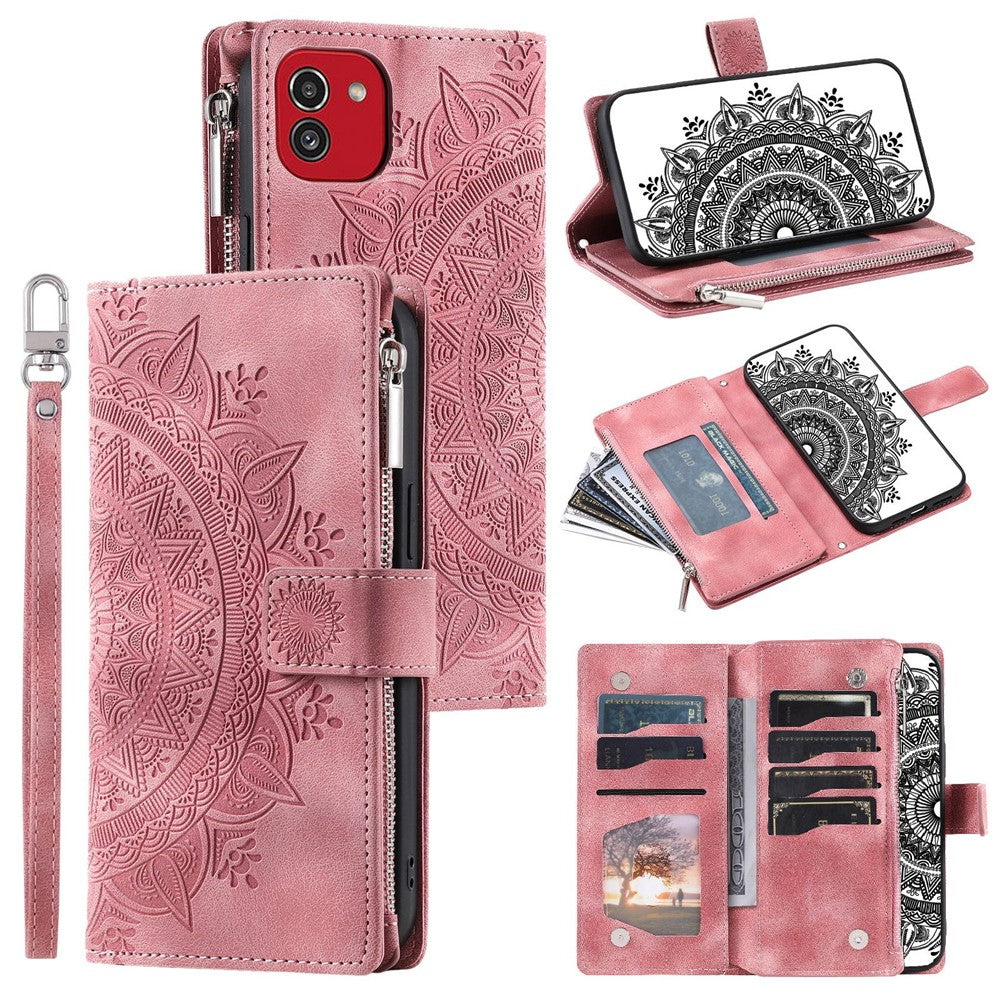 For Samsung Galaxy A03 (166.5mm) Case Mandala Flower Imprint PU Leather Case Multi Card Slot Cover with Strap
