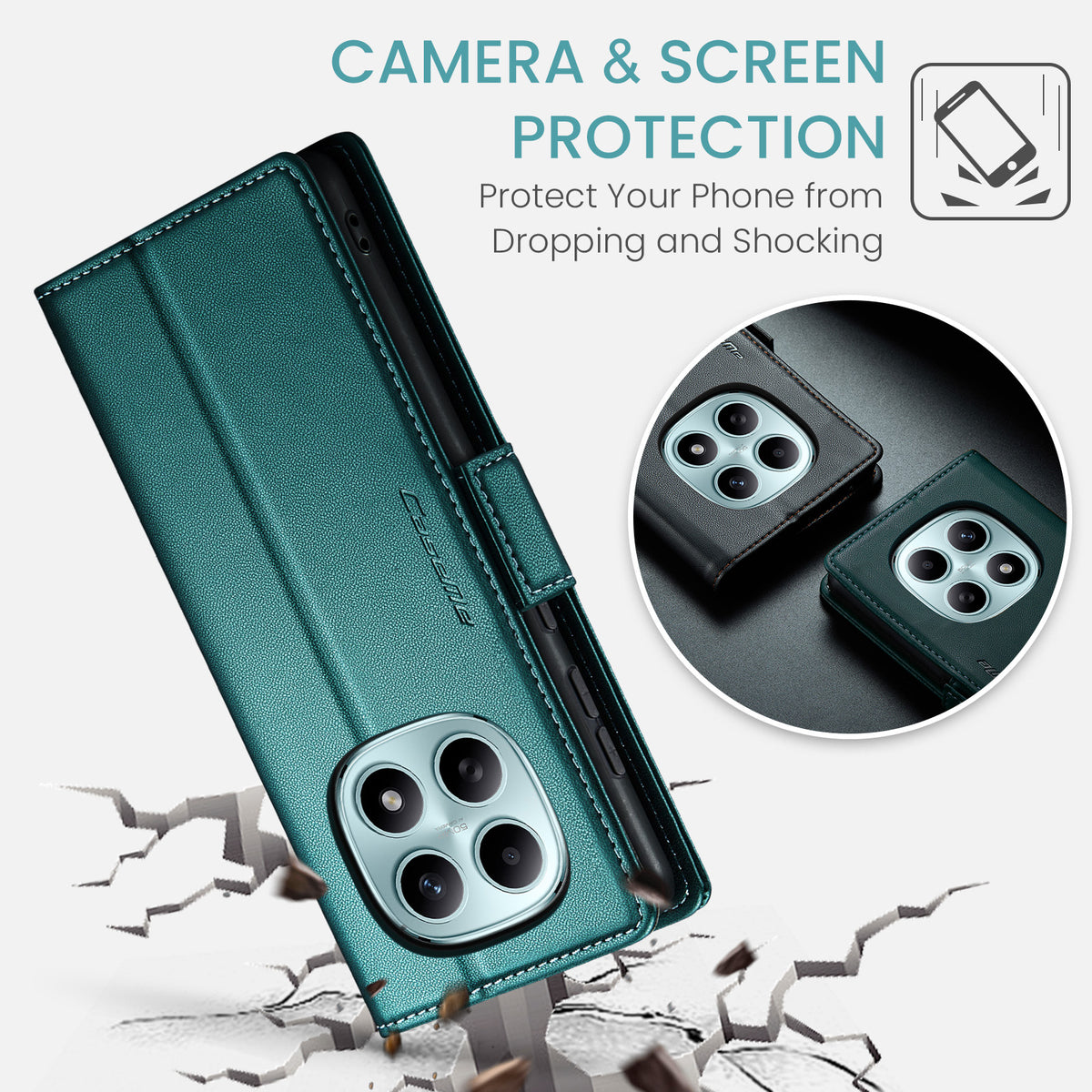 CASEME cover til Xiaomi Redmi Note 15 5G (Global) / Xiaomi Poco M8 5G / Xiaomi Redmi Note 15 4G (Global), pungcover i 023-serien med RFID-blokering, blankt lædercover med litchitekstur