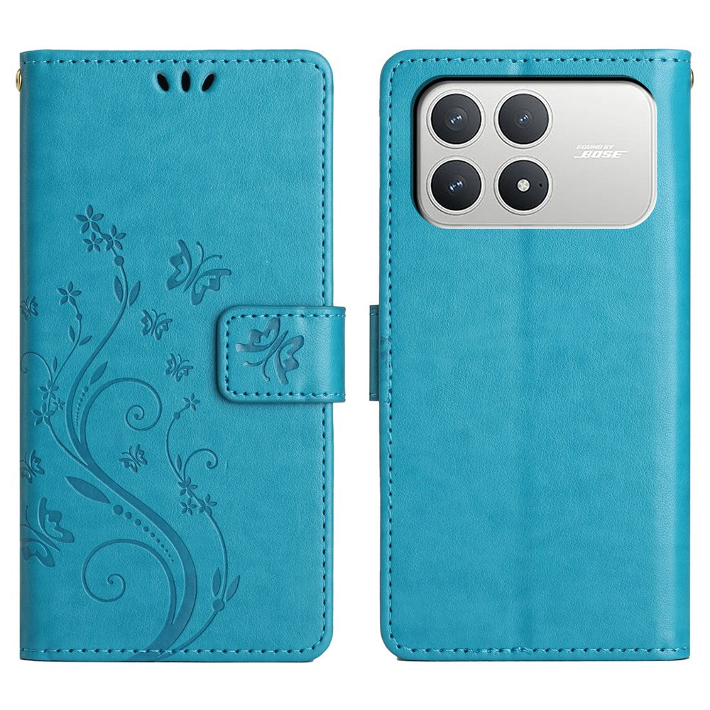 For Xiaomi Poco F8 Pro 5G  /  Redmi K90 5G Leather Wallet Case Butterfly Flower Imprinted Phone Cover with Strap