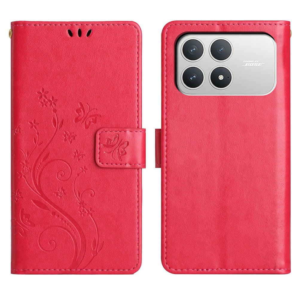 For Xiaomi Poco F8 Pro 5G  /  Redmi K90 5G Leather Wallet Case Butterfly Flower Imprinted Phone Cover with Strap