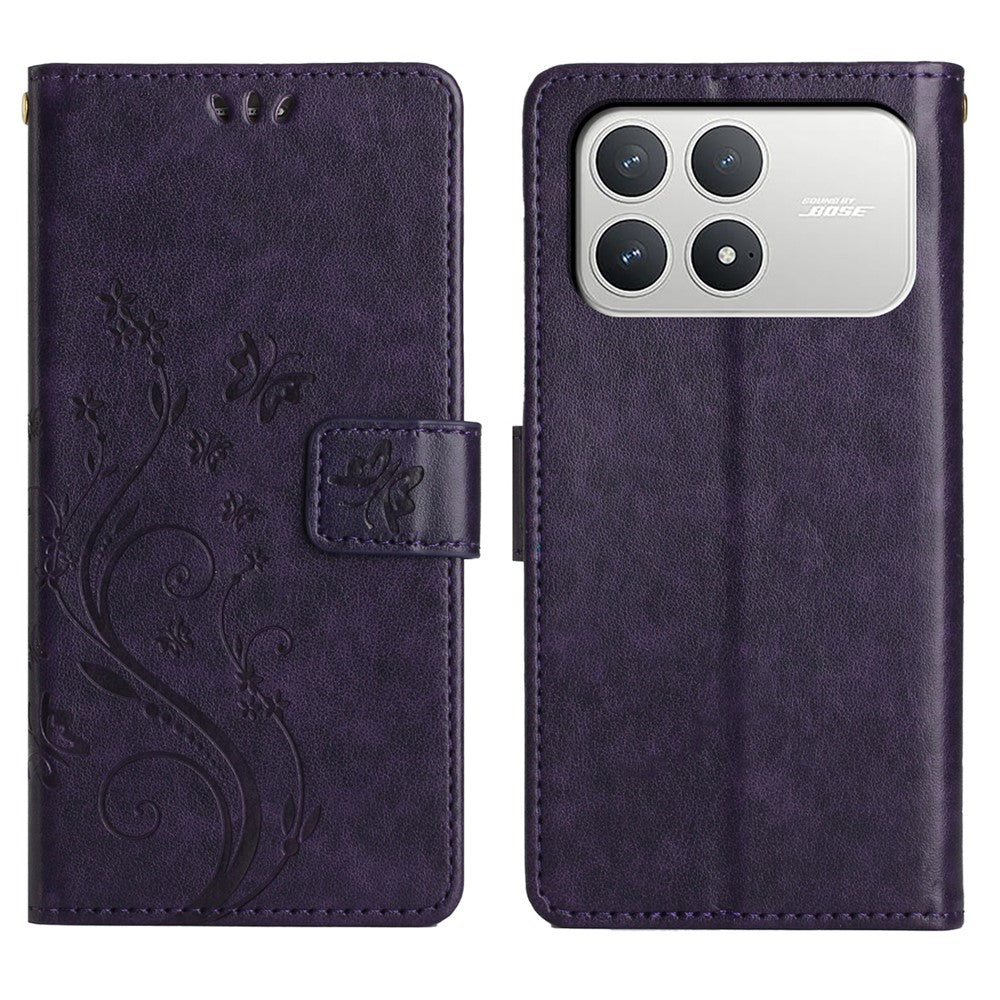 For Xiaomi Poco F8 Pro 5G  /  Redmi K90 5G Leather Wallet Case Butterfly Flower Imprinted Phone Cover with Strap