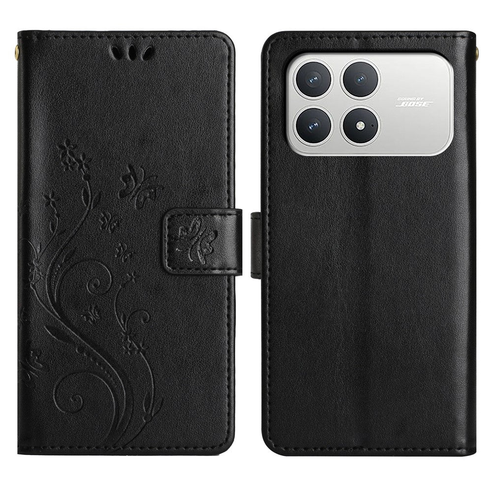 For Xiaomi Poco F8 Pro 5G  /  Redmi K90 5G Leather Wallet Case Butterfly Flower Imprinted Phone Cover with Strap