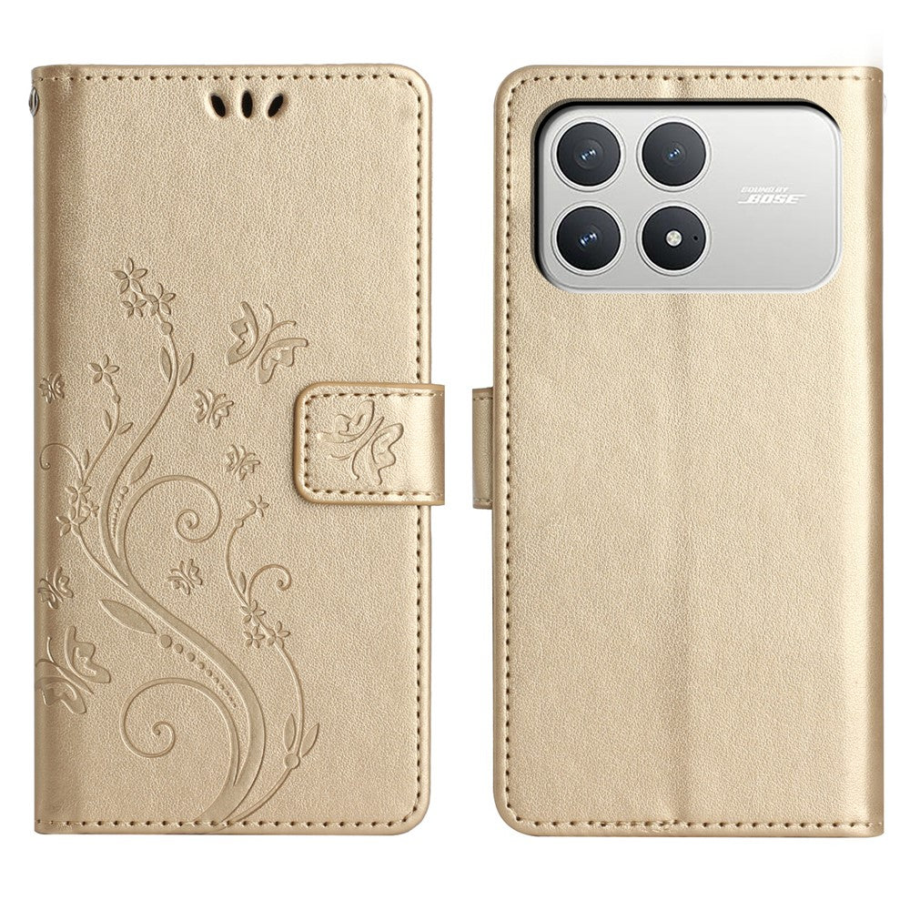 For Xiaomi Poco F8 Pro 5G  /  Redmi K90 5G Leather Wallet Case Butterfly Flower Imprinted Phone Cover with Strap