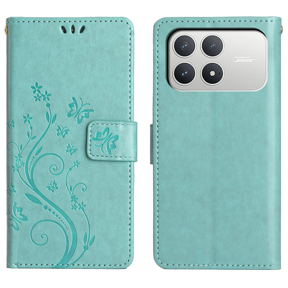 For Xiaomi Poco F8 Pro 5G  /  Redmi K90 5G Leather Wallet Case Butterfly Flower Imprinted Phone Cover with Strap