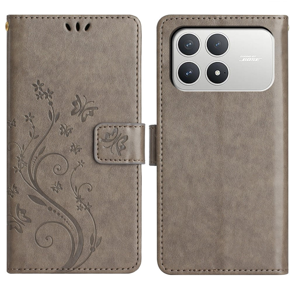 For Xiaomi Poco F8 Pro 5G  /  Redmi K90 5G Leather Wallet Case Butterfly Flower Imprinted Phone Cover with Strap