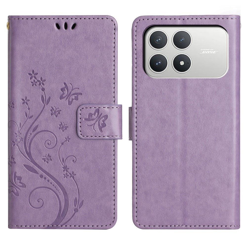 For Xiaomi Poco F8 Pro 5G  /  Redmi K90 5G Leather Wallet Case Butterfly Flower Imprinted Phone Cover with Strap