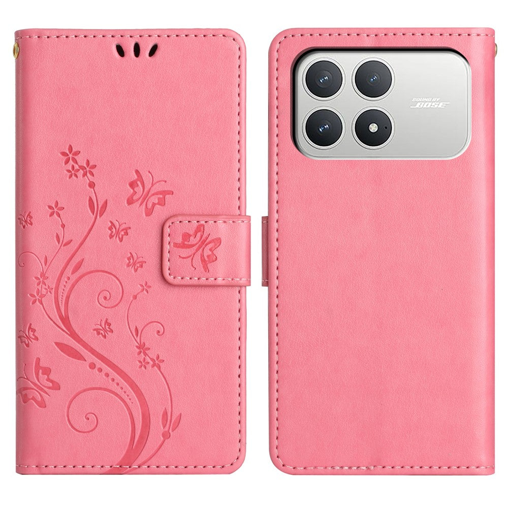 For Xiaomi Poco F8 Pro 5G  /  Redmi K90 5G Leather Wallet Case Butterfly Flower Imprinted Phone Cover with Strap