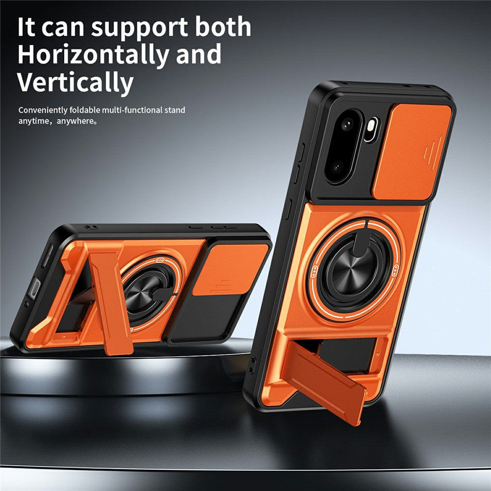 For OnePlus 15R 5G Magnetic Case Ring Holder Foldable Kickstand TPU PC Phone Cover with Camera Lens Slider