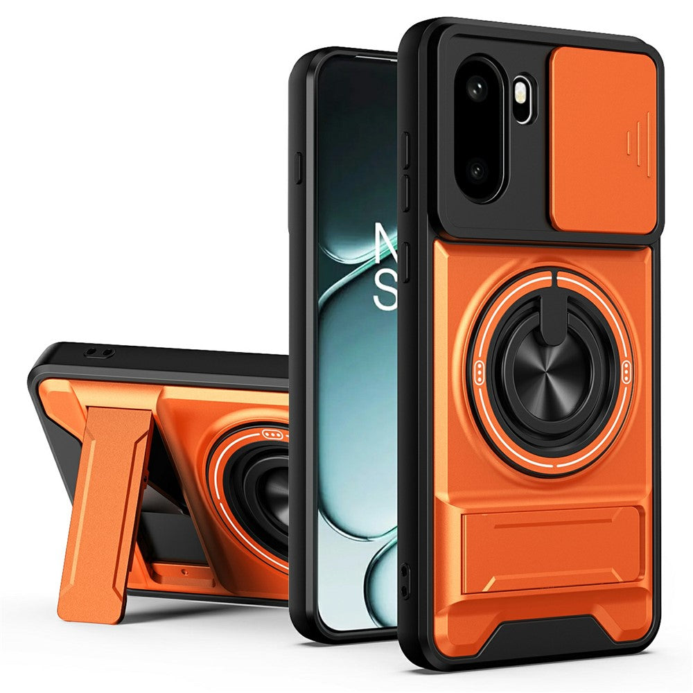 For OnePlus 15R 5G Magnetic Case Ring Holder Foldable Kickstand TPU PC Phone Cover with Camera Lens Slider