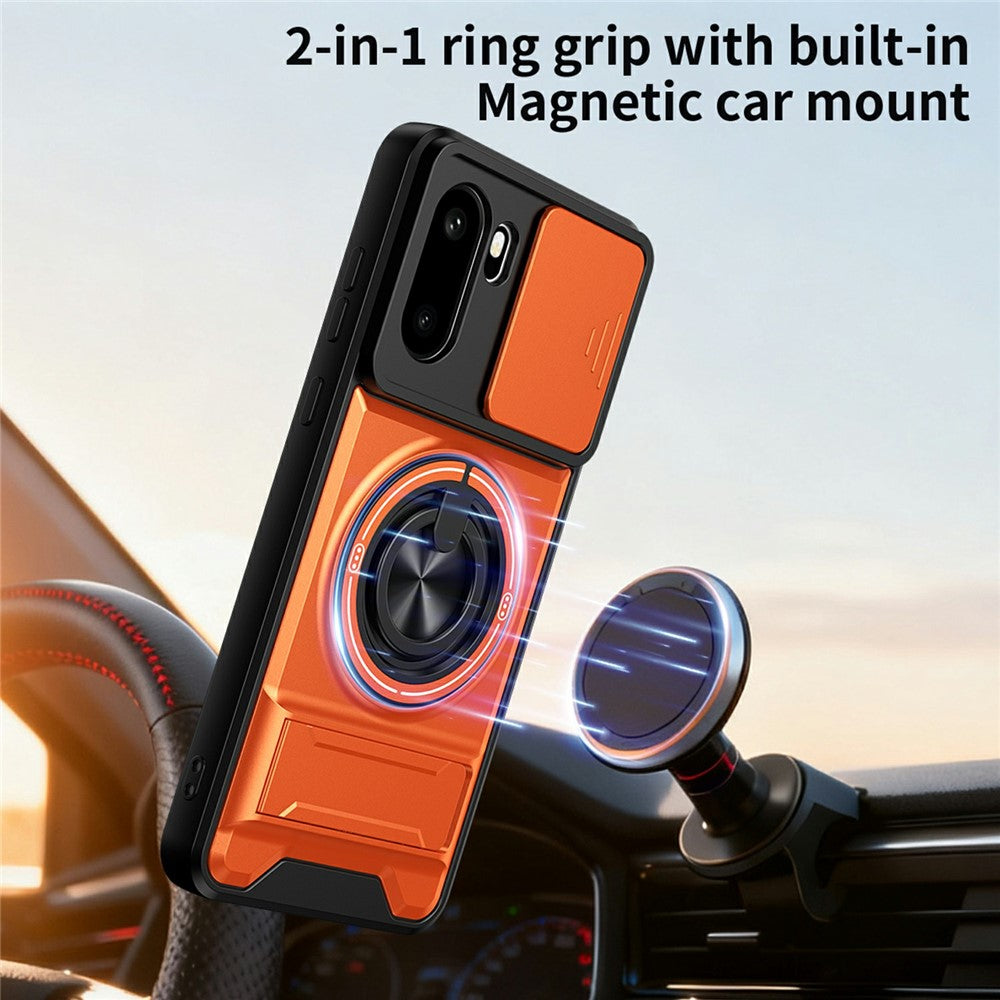For OnePlus 15R 5G Magnetic Case Ring Holder Foldable Kickstand TPU PC Phone Cover with Camera Lens Slider