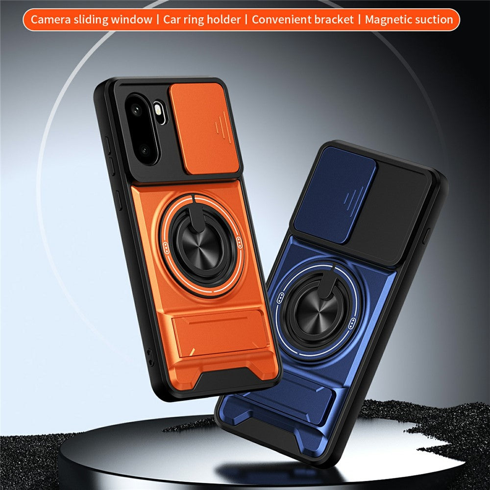 For OnePlus 15R 5G Magnetic Case Ring Holder Foldable Kickstand TPU PC Phone Cover with Camera Lens Slider
