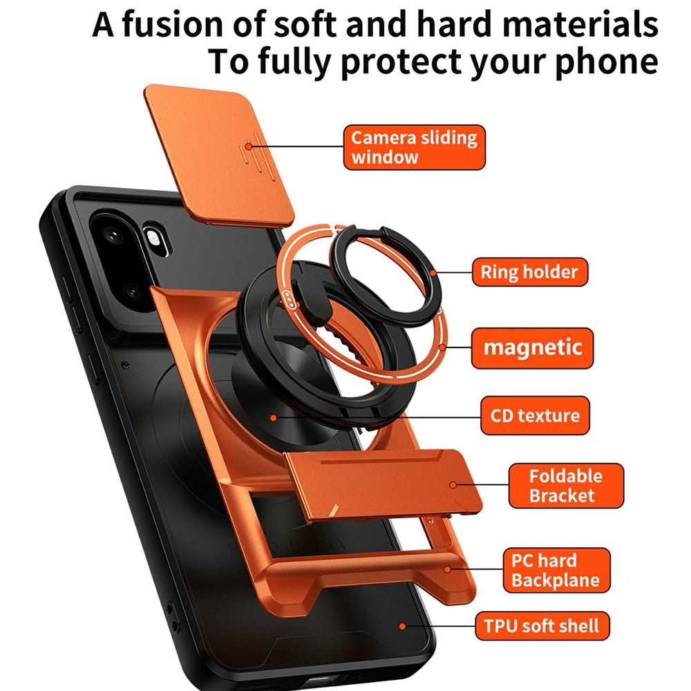 For OnePlus 15R 5G Magnetic Case Ring Holder Foldable Kickstand TPU PC Phone Cover with Camera Lens Slider