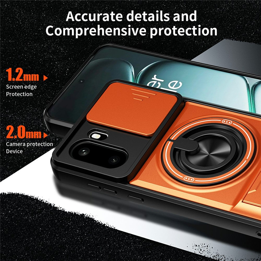 For OnePlus 15R 5G Magnetic Case Ring Holder Foldable Kickstand TPU PC Phone Cover with Camera Lens Slider