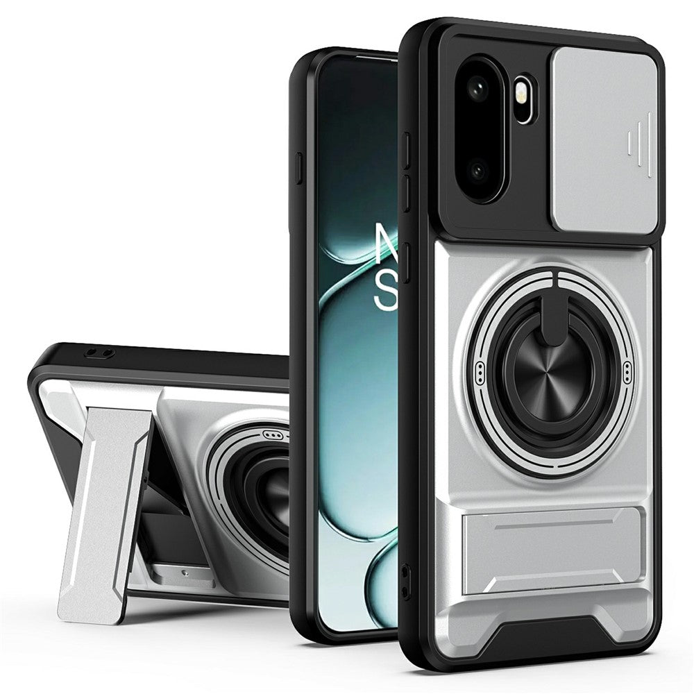 For OnePlus 15R 5G Magnetic Case Ring Holder Foldable Kickstand TPU PC Phone Cover with Camera Lens Slider