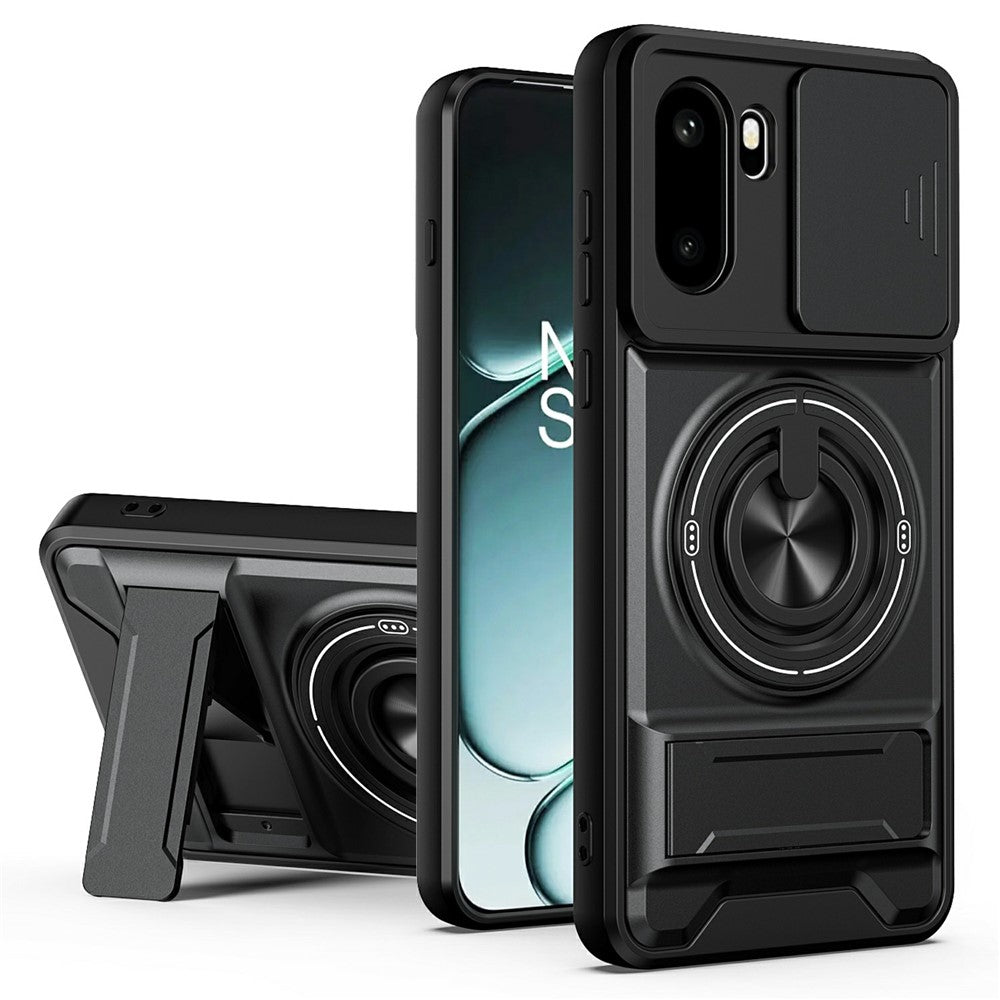 For OnePlus 15R 5G Magnetic Case Ring Holder Foldable Kickstand TPU PC Phone Cover with Camera Lens Slider