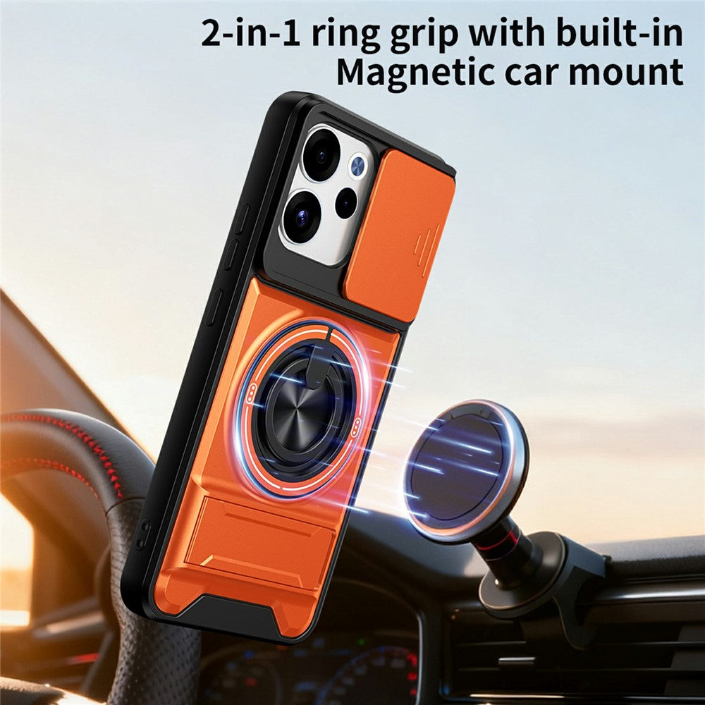 For Oppo Reno15 F 5G Magnetic Case Ring Holder Foldable Kickstand TPU PC Phone Cover with Camera Lens Slider