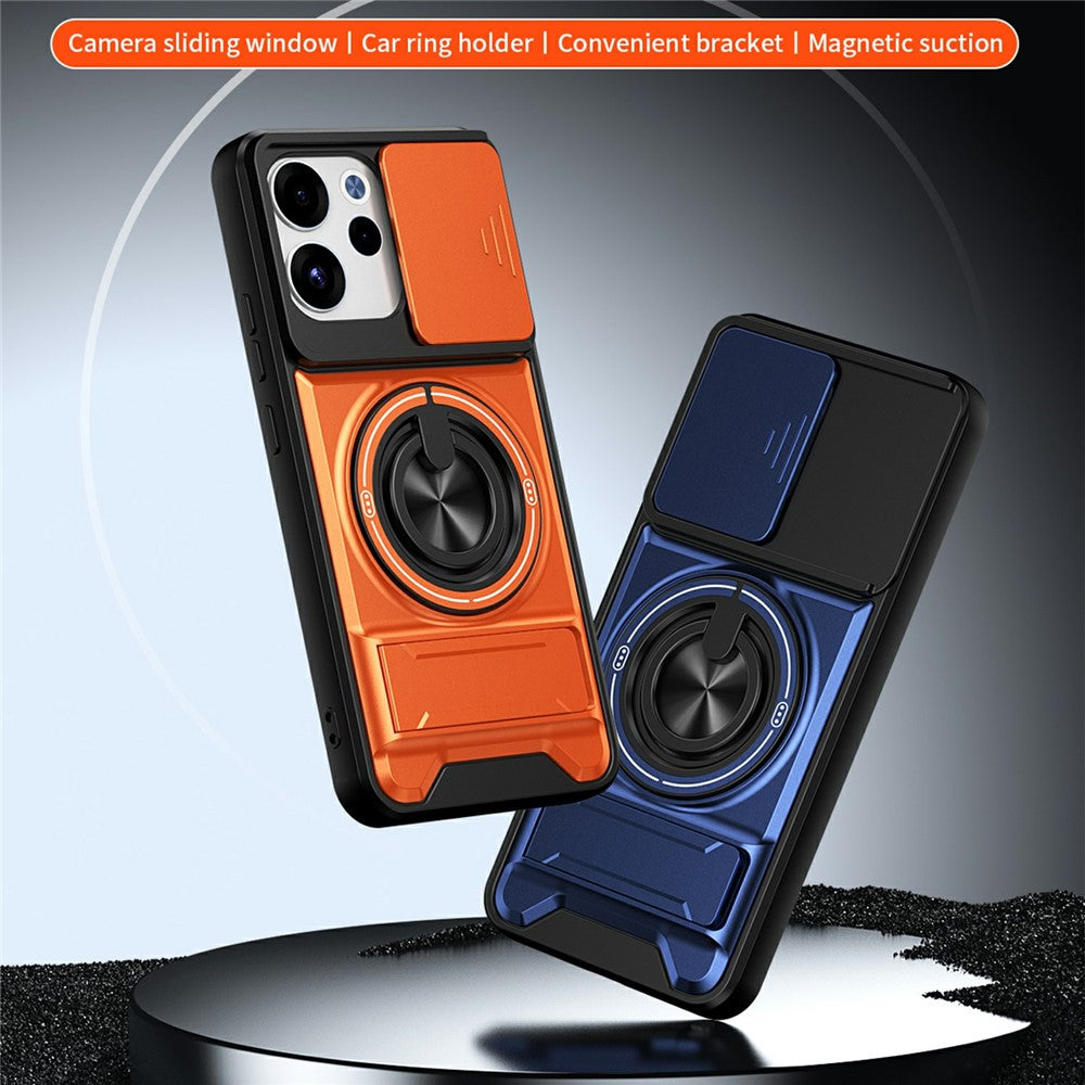 For Oppo Reno15 F 5G Magnetic Case Ring Holder Foldable Kickstand TPU PC Phone Cover with Camera Lens Slider