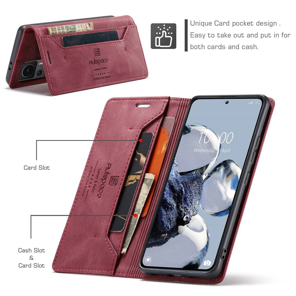 AUTSPACE A01-serien för Xiaomi 12T 5G / 12T Pro 5G / Redmi K50 Ultra 5G RFID-blockerande plånboksfodral med retrotextur, PU-läder, stativ, magnetiskt absorberande matt skal