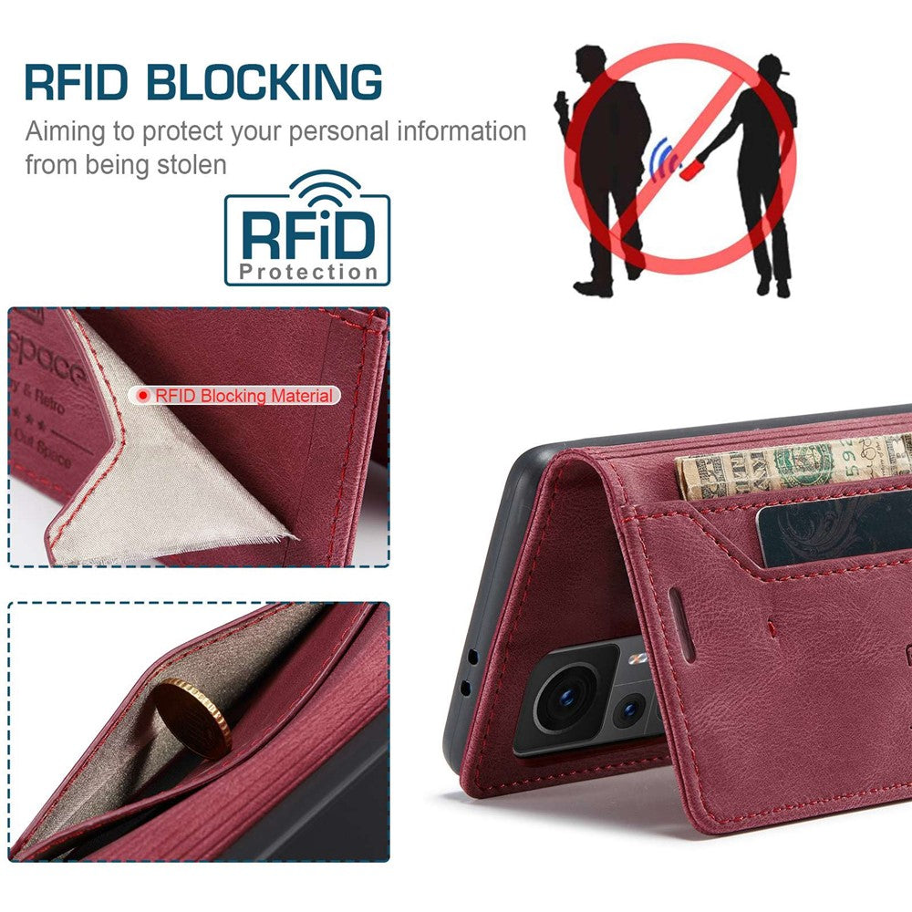 AUTSPACE A01-serien för Xiaomi 12T 5G / 12T Pro 5G / Redmi K50 Ultra 5G RFID-blockerande plånboksfodral med retrotextur, PU-läder, stativ, magnetiskt absorberande matt skal