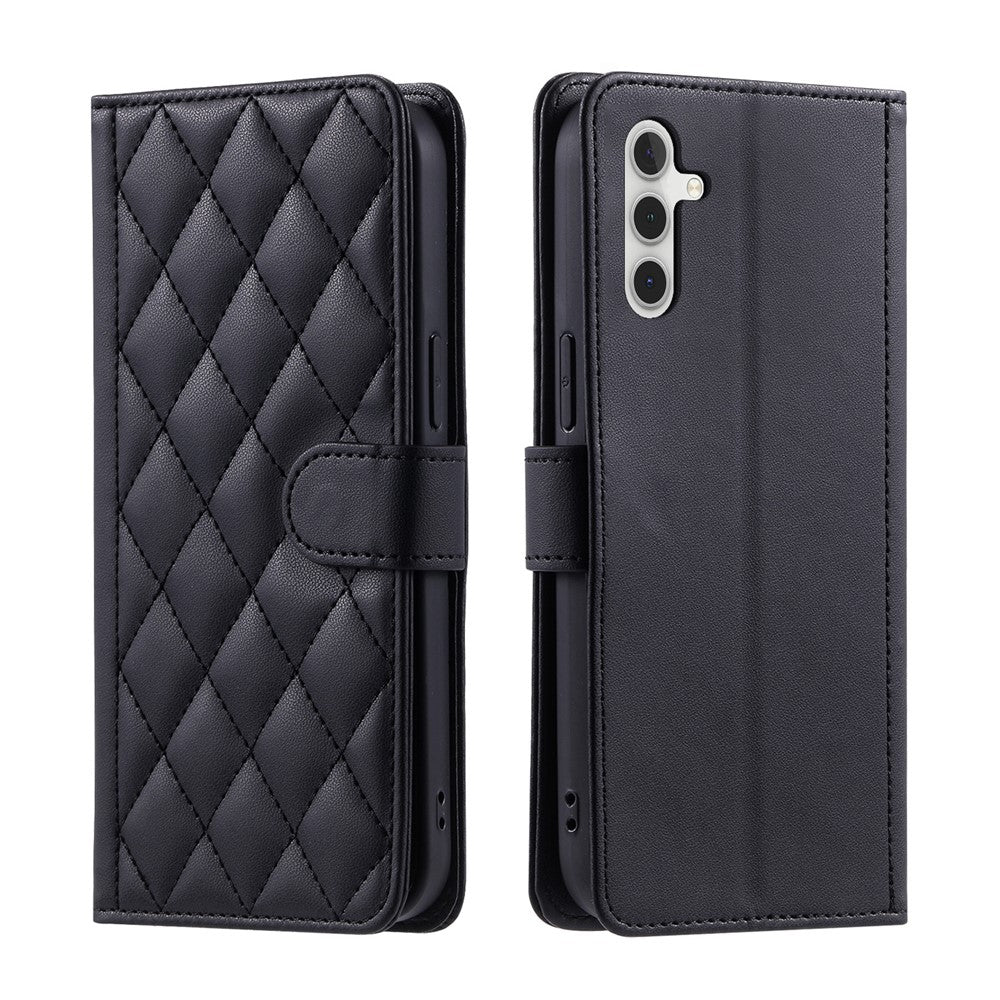 Samsung Galaxy S26+ Plånboksfodral Rhombus Grid PU-lädermobilskal med axelrem / handledsrem