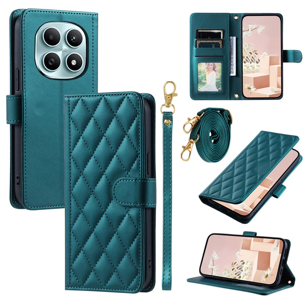 PU Leather Case for Xiaomi Redmi Note 15 5G (Global) / 15 4G (Global) / Poco M8 5G Wallet Rhombus Grid Phone Cover with Shoulder Strap  /  Wrist Strap