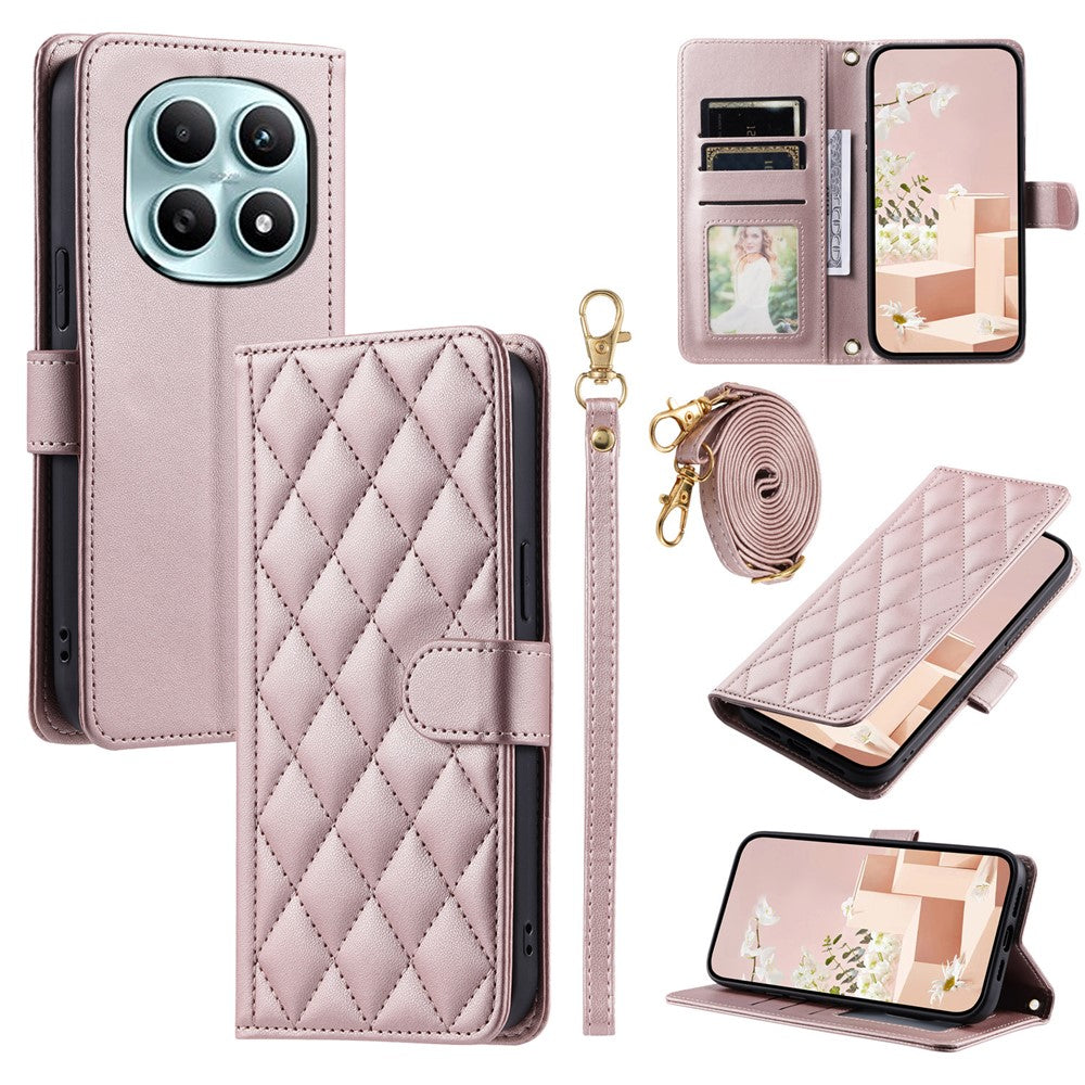 PU Leather Case for Xiaomi Redmi Note 15 5G (Global) / 15 4G (Global) / Poco M8 5G Wallet Rhombus Grid Phone Cover with Shoulder Strap  /  Wrist Strap