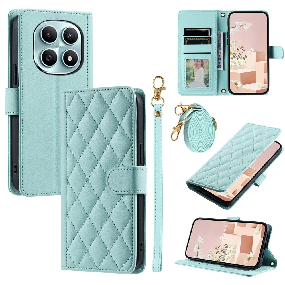 PU Leather Case for Xiaomi Redmi Note 15 5G (Global) / 15 4G (Global) / Poco M8 5G Wallet Rhombus Grid Phone Cover with Shoulder Strap  /  Wrist Strap