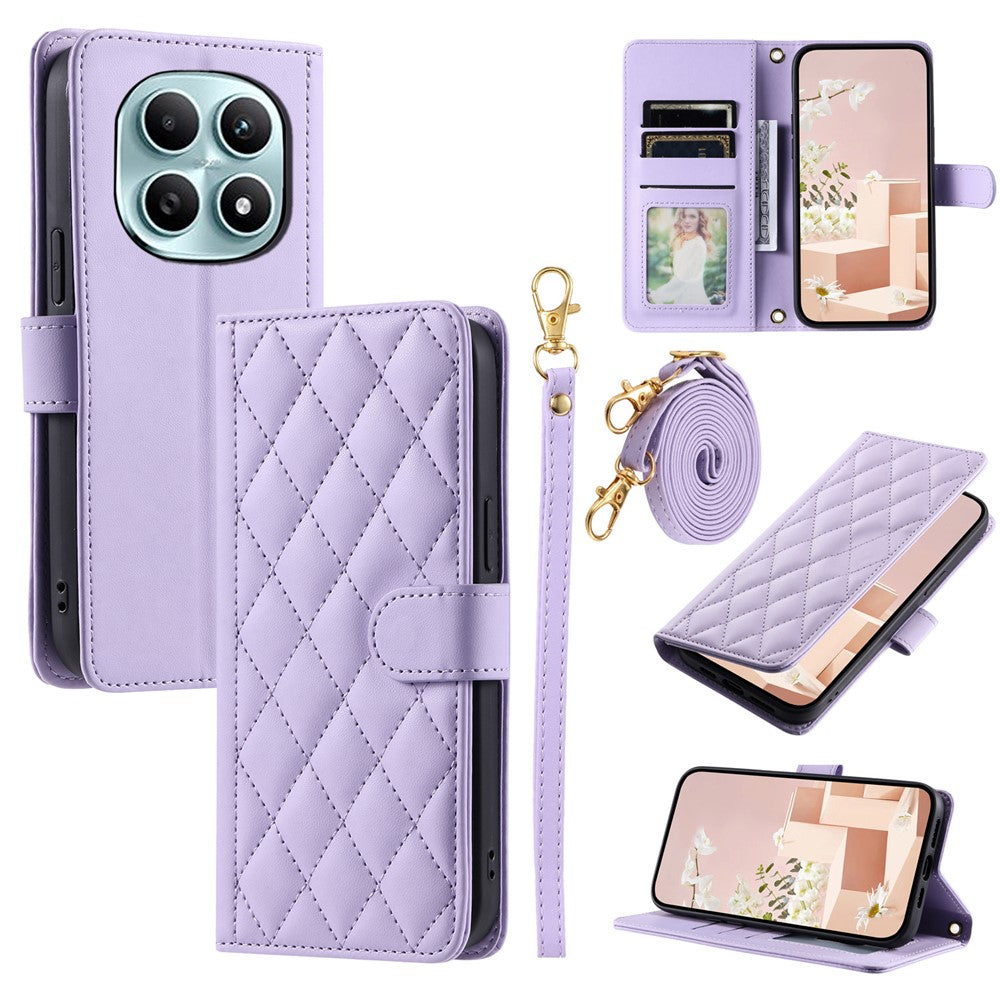 PU Leather Case for Xiaomi Redmi Note 15 5G (Global) / 15 4G (Global) / Poco M8 5G Wallet Rhombus Grid Phone Cover with Shoulder Strap  /  Wrist Strap