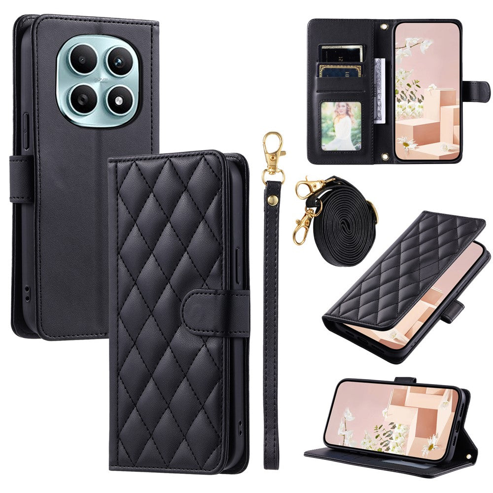 PU Leather Case for Xiaomi Redmi Note 15 5G (Global) / 15 4G (Global) / Poco M8 5G Wallet Rhombus Grid Phone Cover with Shoulder Strap  /  Wrist Strap