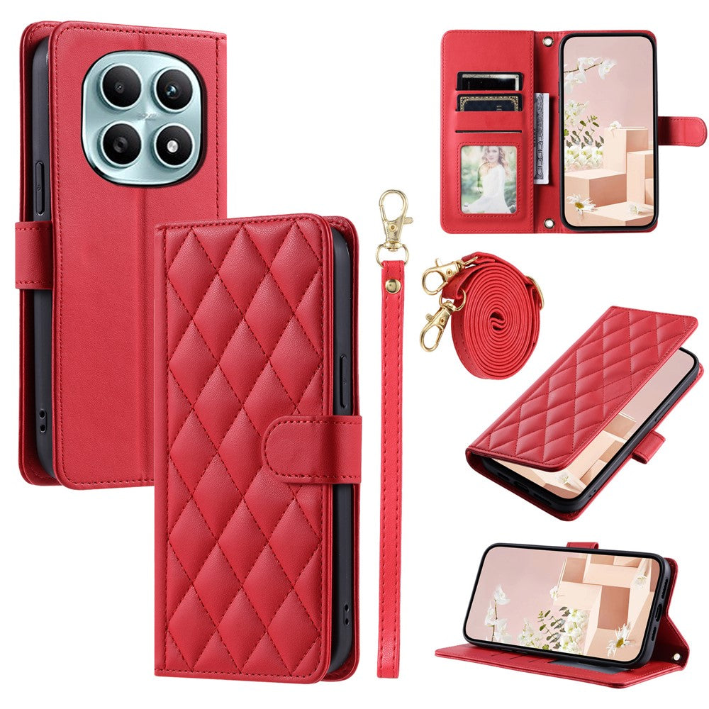 PU Leather Case for Xiaomi Redmi Note 15 5G (Global) / 15 4G (Global) / Poco M8 5G Wallet Rhombus Grid Phone Cover with Shoulder Strap  /  Wrist Strap