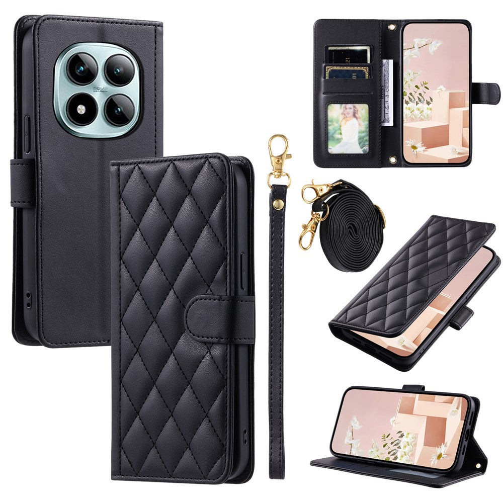 For Xiaomi Redmi Note 15 Pro 5G (Global) Case Wallet Rhombus Grid PU Leather Phone Cover with Shoulder Strap  /  Wrist Strap