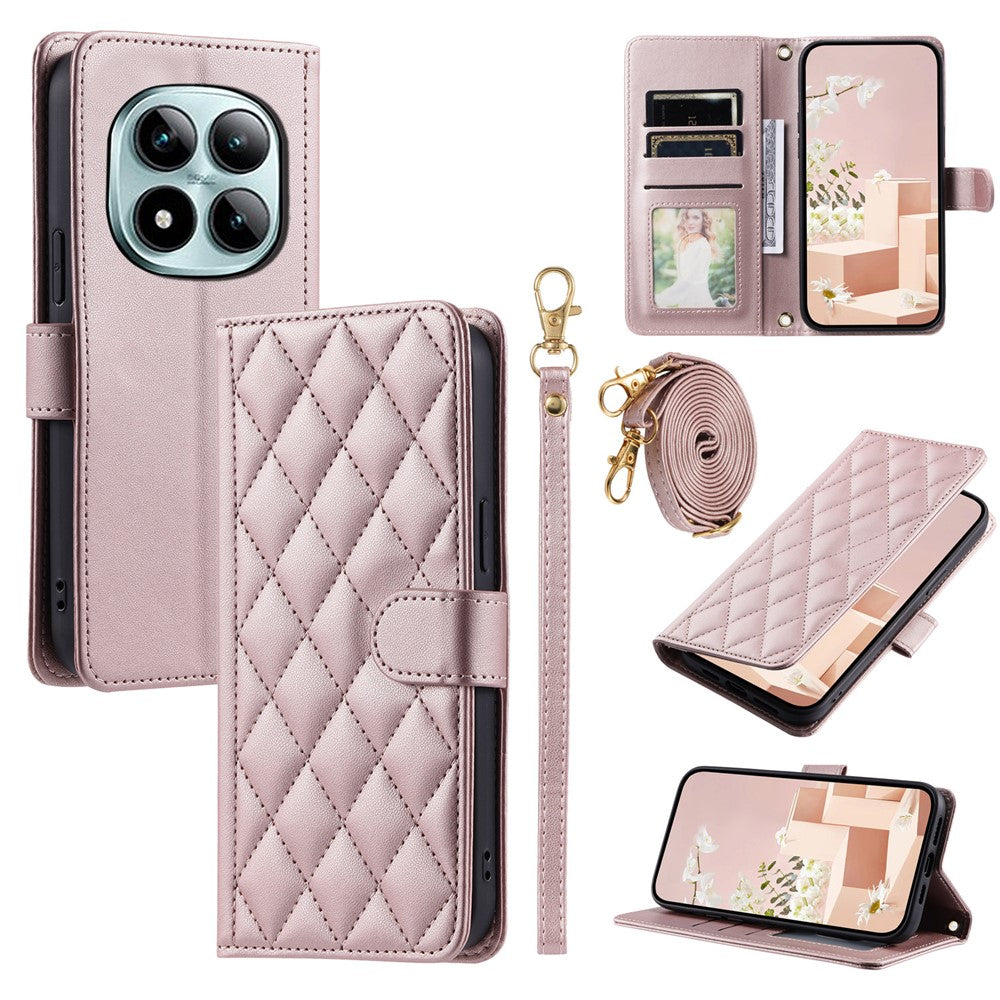 For Xiaomi Redmi Note 15 Pro 5G (Global) Case Wallet Rhombus Grid PU Leather Phone Cover with Shoulder Strap  /  Wrist Strap