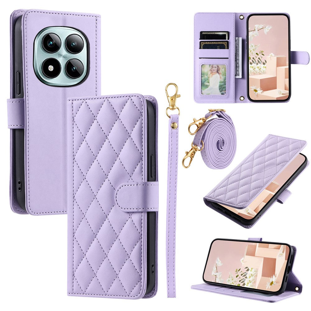 For Xiaomi Redmi Note 15 Pro 5G (Global) Case Wallet Rhombus Grid PU Leather Phone Cover with Shoulder Strap  /  Wrist Strap