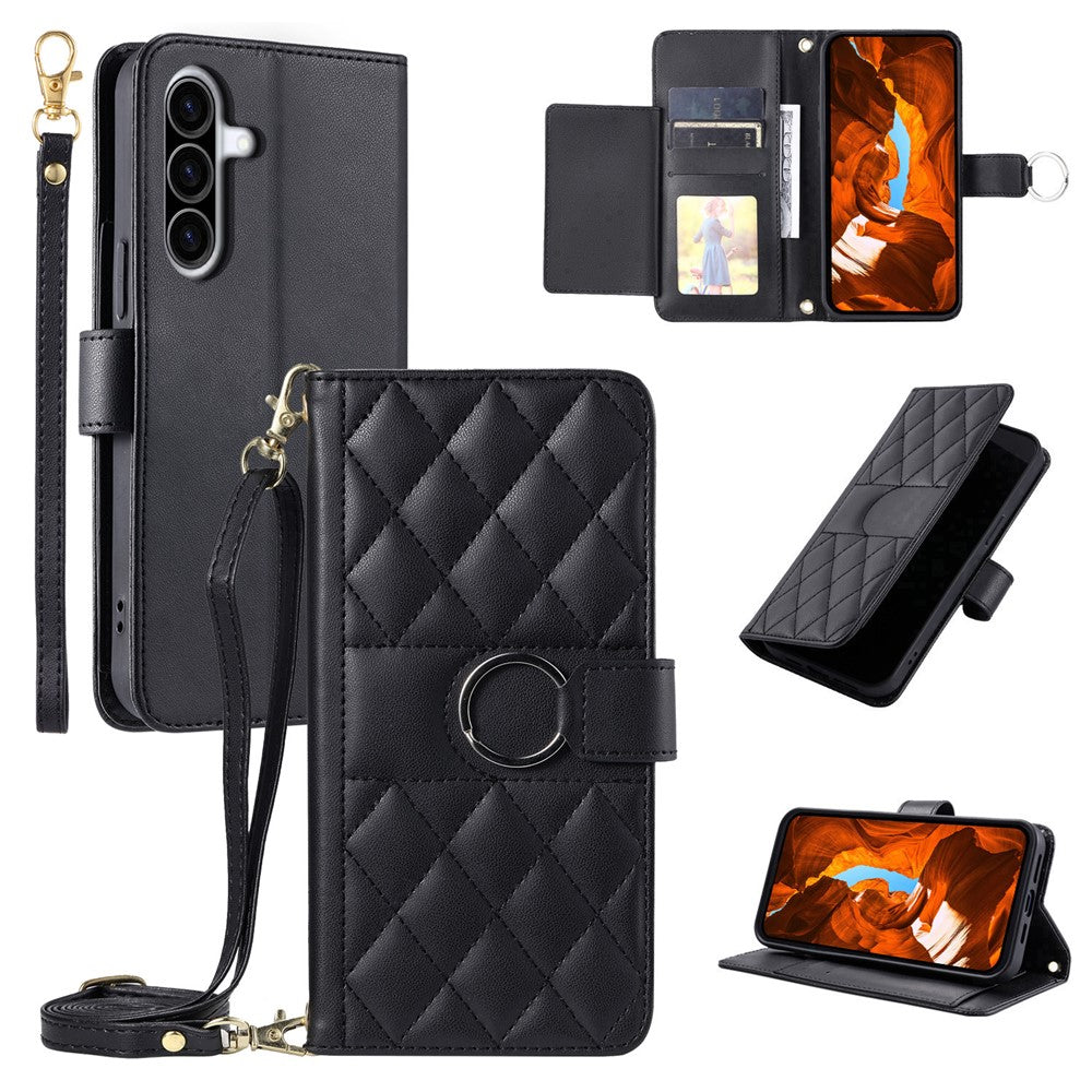 Samsung Galaxy A37 5G-cover med ringlukning, pung-etui med rhombemønster, skulderrem og lædermobilcover